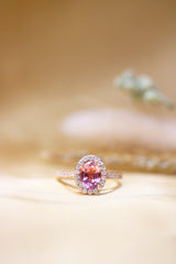 Fairtrade Rose Gold Oval Cut Pink Tourmaline and Diamond Halo Engagement Ring