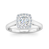 Round Brilliant Cut Diamond Halo Engagement Ring with a Cushion Shaped Head - Jeweller's Loupe