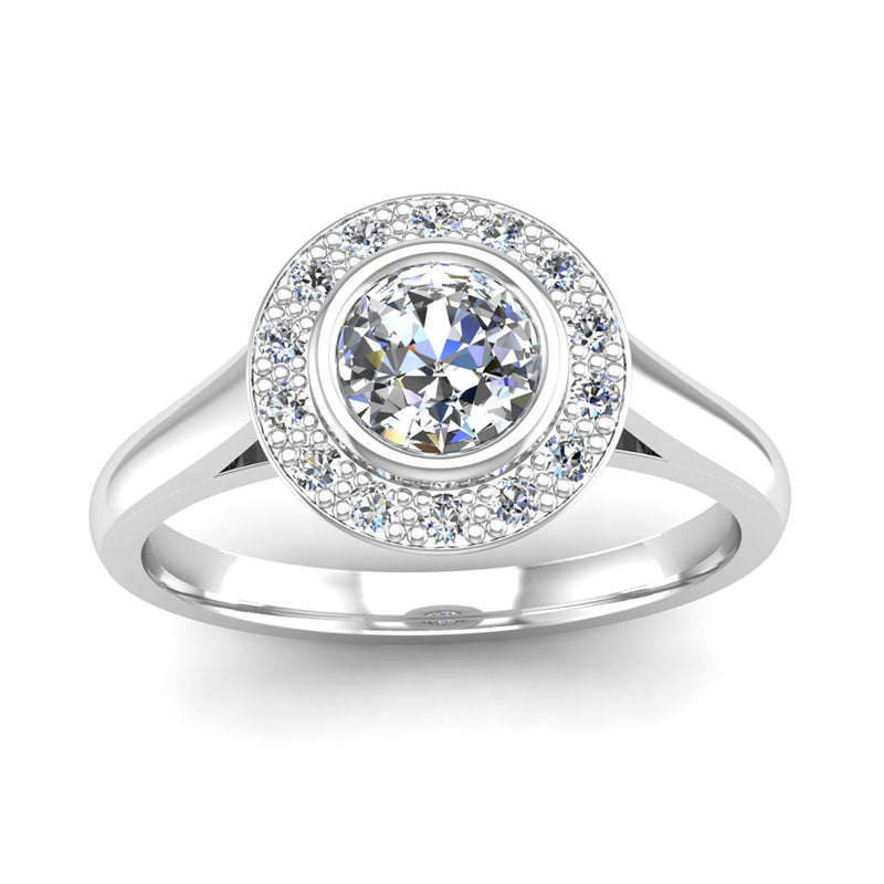 Rub Set Round Brilliant Cut Diamond Halo Engagement Ring - Jeweller's Loupe
