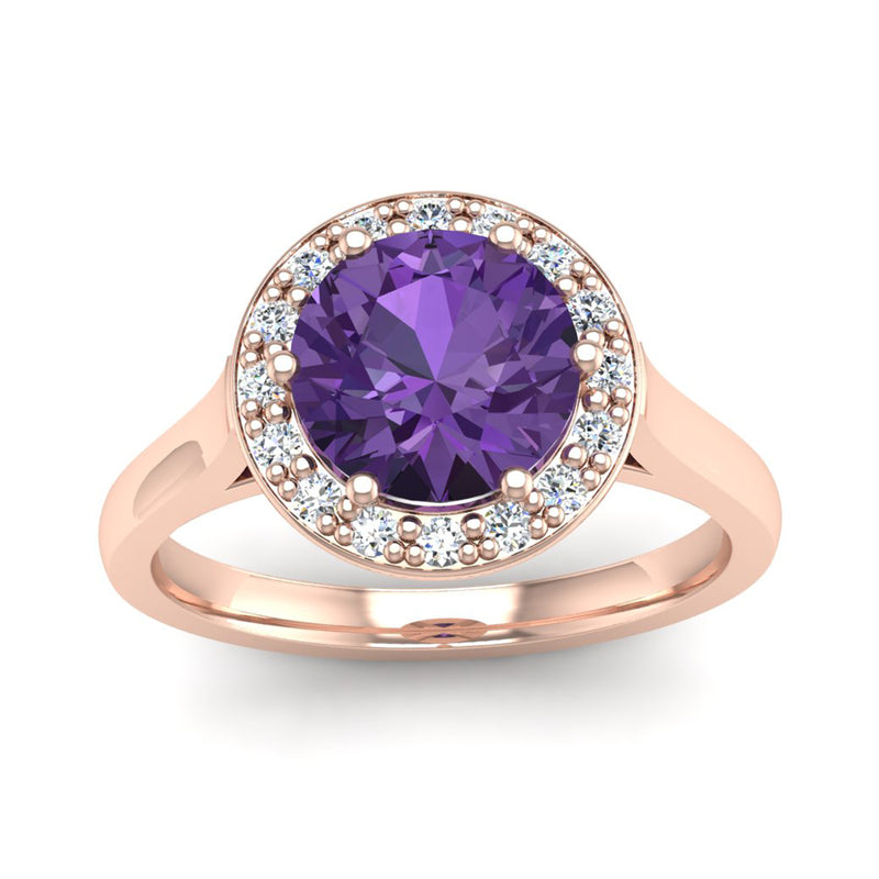 Round Brilliant Cut Purple Amethyst and Diamond Halo Engagement Ring - Jeweller's Loupe