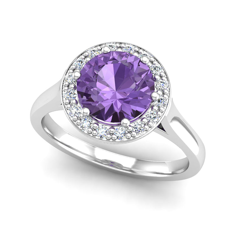 Round Brilliant Cut Purple Amethyst and Diamond Halo Engagement Ring - Jeweller's Loupe