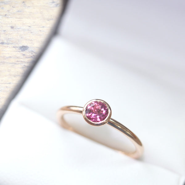 Fairtrade Rose Gold Pink Tourmaline Solitaire Stacking Ring, Jeweller's Loupe