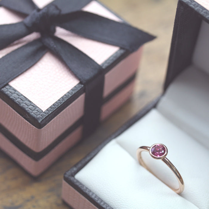 Fairtrade Rose Gold Pink Tourmaline Solitaire Stacking Ring, Jeweller's Loupe