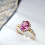 Fairtrade Rose Gold Pink Tourmaline and Diamond Halo Engagement Ring, Jeweller's Loupe