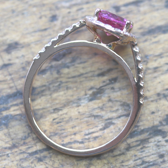 Fairtrade Rose Gold Pink Tourmaline and Diamond Halo Engagement Ring, Jeweller's Loupe