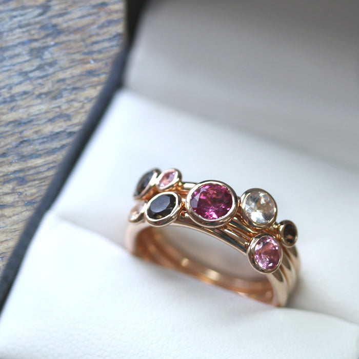 Fairtrade Rose Gold Smoky Quartz, Pink Tourmaline and White Sapphire Triple Stacking Rings, Jeweller's Loupe