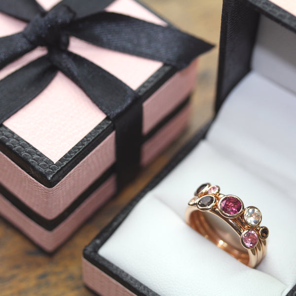 Fairtrade Rose Gold Smoky Quartz, Pink Tourmaline and White Sapphire Triple Stacking Rings, Jeweller's Loupe