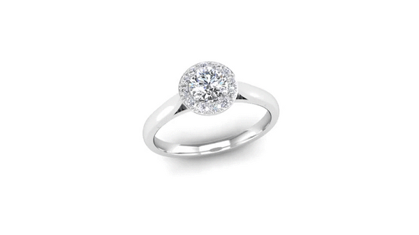 Round Brilliant Cut Diamond Halo Engagement Ring with Tapered Shoulders - Jeweller's Loupe
