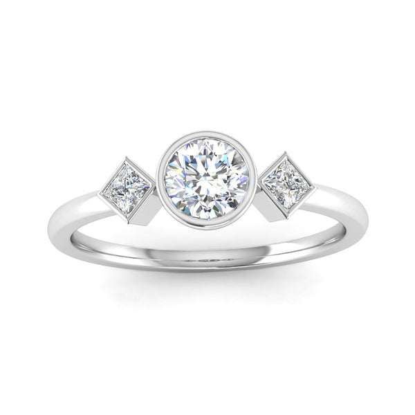 Rub Set Round Brilliant and Princess Cut Diamond Trilogy Engagement Ring - Jeweller's Loupe