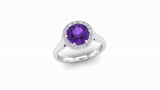 Round Brilliant Cut Purple Amethyst and Diamond Halo Engagement Ring - Jeweller's Loupe